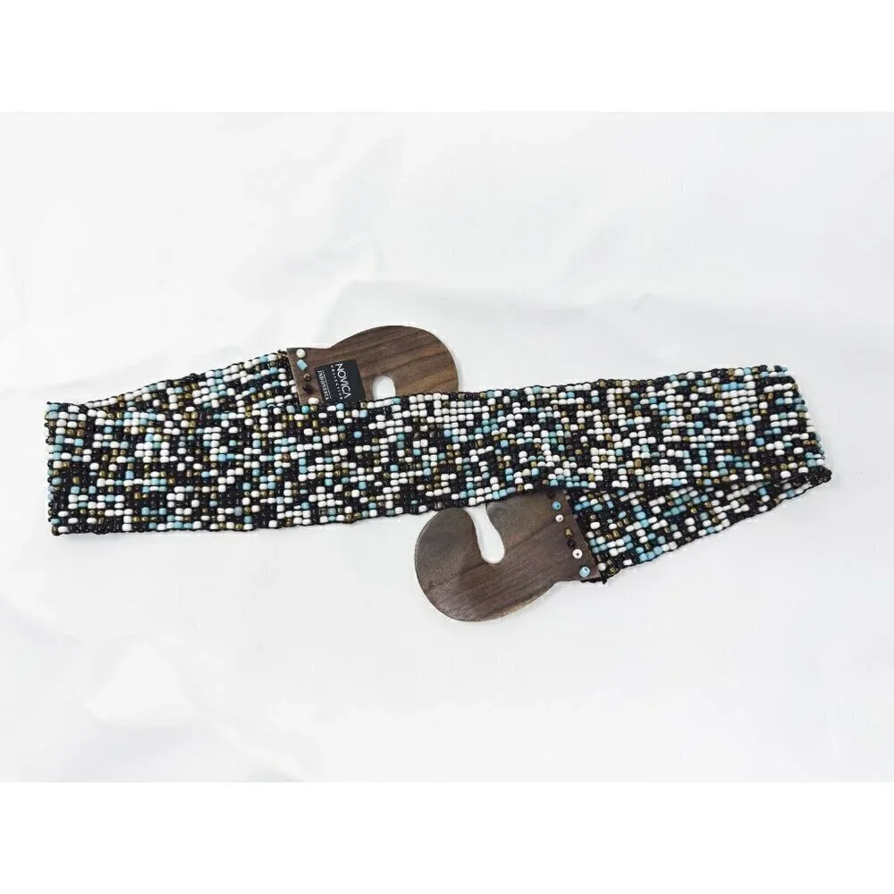 Novica Collection Indonesia Blue White Black Bronze Beaded Wooden Stretch Belt